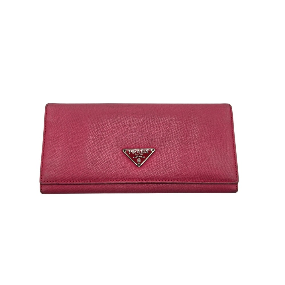 Prada Pink Saffiano Leather Triangle Logo Long Continental Wallet Italy COA